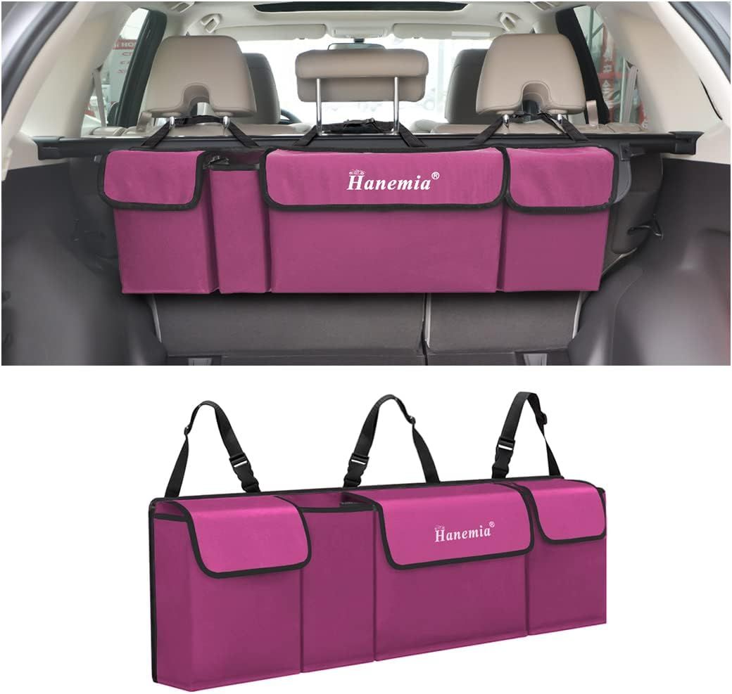 Hanemia Car Trunk Organizer, Backseat Hanging Storage with 4 Large Pockets, Collapsible Cargo Bag with Adjustable Straps Frees Trunk Floor, Sturdy Space Saving Expert for SUV, Truck, Van (Purple)