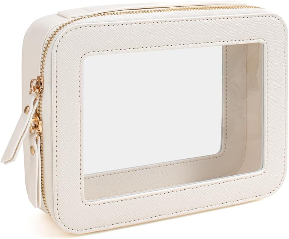 Clear Makeup Bag, Travel Cosmetic Organizer Case Waterproof Skincare Toiletry Bag with Zipper Portable Make Up Pouch Compact Car Organizer Bag for Essentials (Large White)