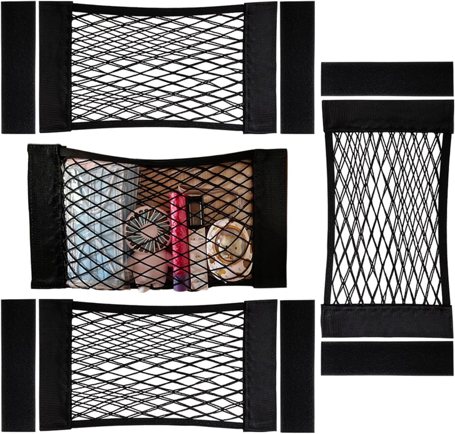 4Pack Automotive Cargo Net Car Storage Wall Sticker Organizer Pouch Bag Elastic Mesh Pocket with Tape Stickers for Trunk Organizer Holder for Cabinet Organize 4PCS (Same Size)