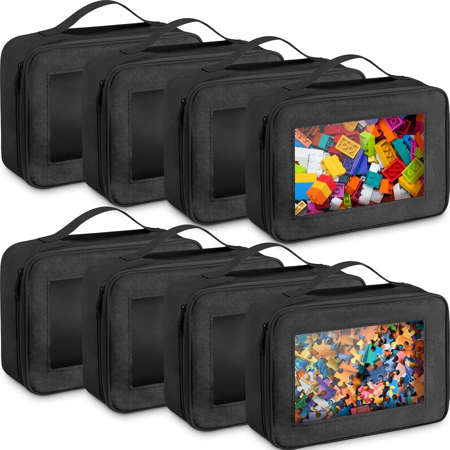 Abbylike 8 Pack Toys Storage Bags with Handle and Clear PVC Window, Classic Bricks Building Set Organization Bags, Car Toy Traveling Carrying Case for Puzzles Board Games Building Blocks (Black)
