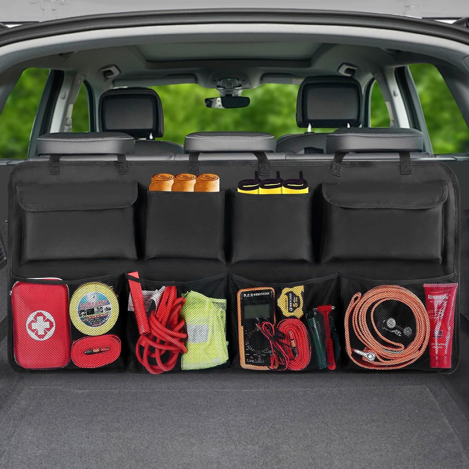Car Trunk Organizer, Backseat Hanging Organizer with 8 Large Storage Bag Super Capacity -Trunk Organizer for SUV,Truck,Van -Your Space Saving Expert - Black