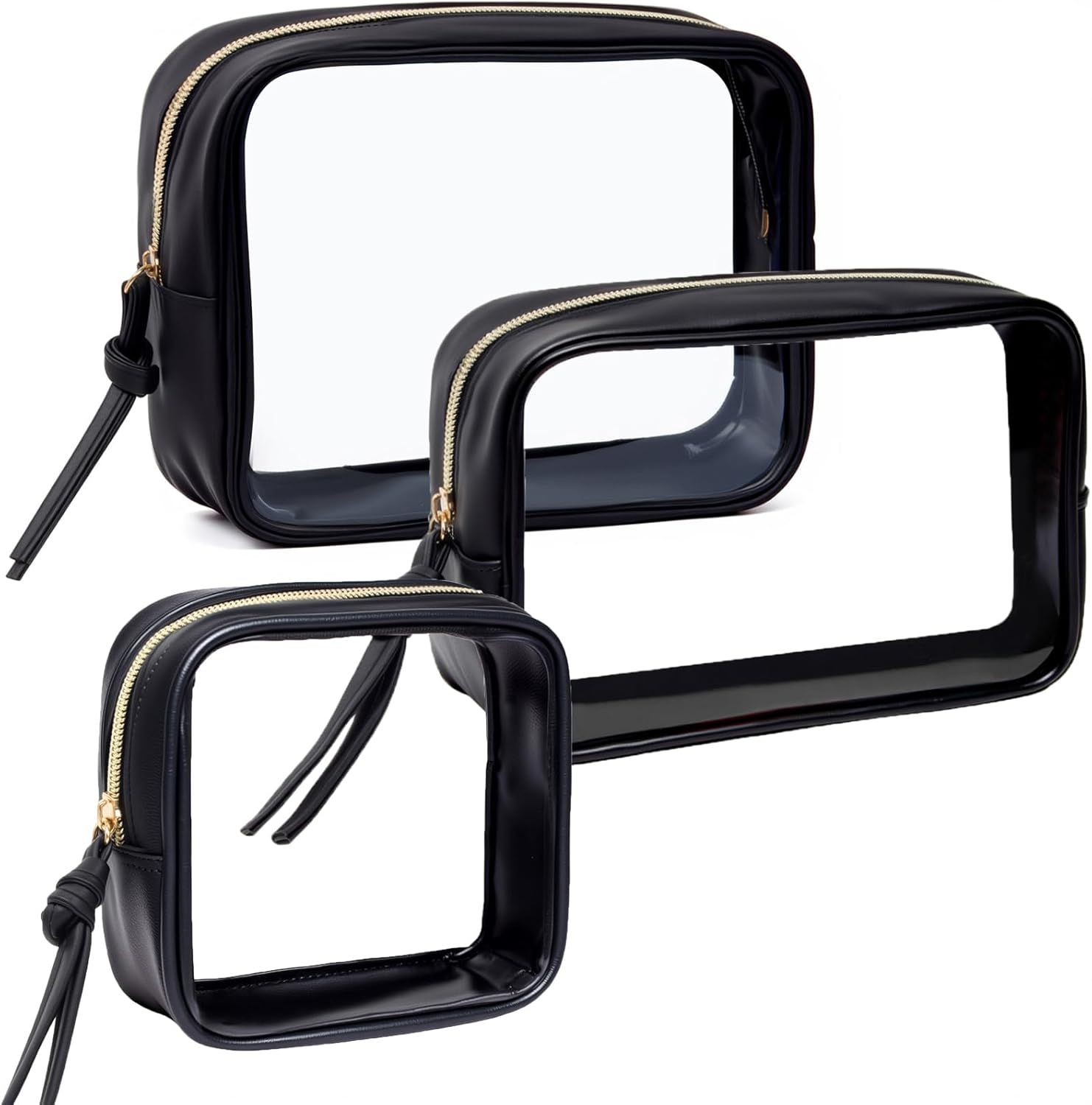 3Pcs Travel Clear Makeup Bag Set for Women, Transparent Toiletry Bag with Zipper Portable Makeup Pouch Organizer Waterproof Small Cosmetic Bag Compact Car Bag Organizer Car Accessories (Black Set)