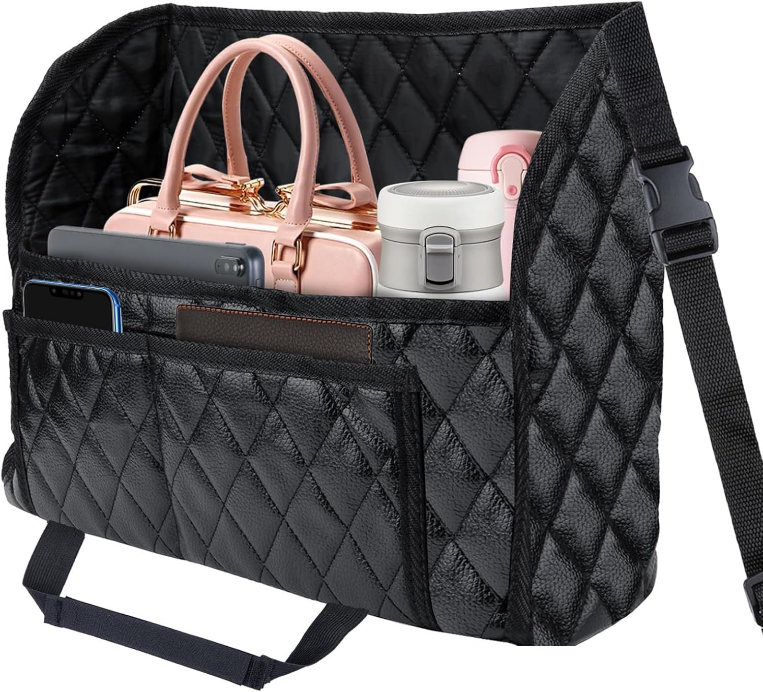 Car Purse Holder Between Seats, Leather Auto Front Seat Handbag Organizer Pocket, Large Capacity Car Net Pocket Handbag Holder, Backseat Barrier Storage Bag Fits for Car, Truck, SUV