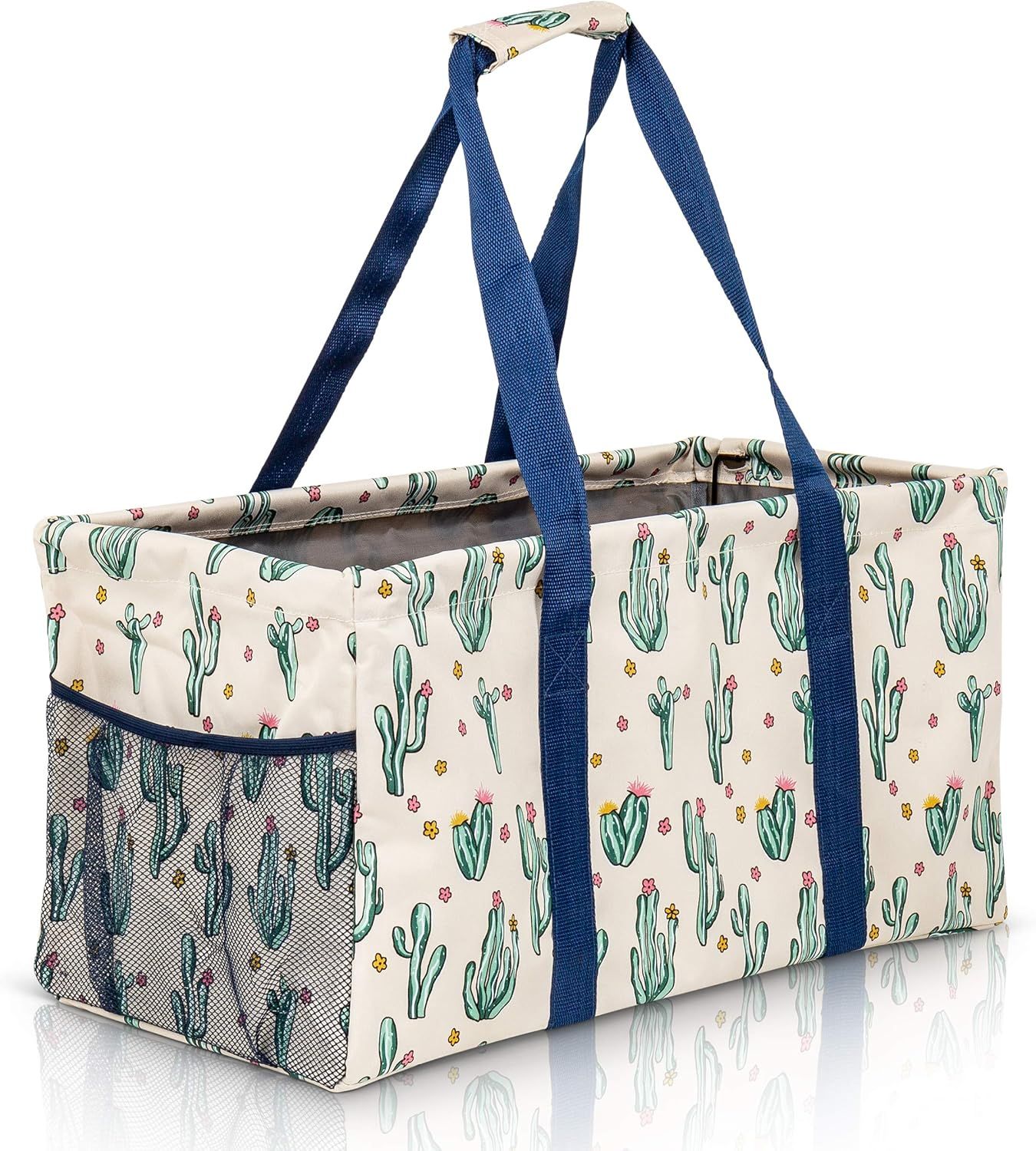 Extra Large Utility Tote Bag, Oversized Collapsible Reusable Wire Frame Rectangular Canvas Basket With Two Exterior Pockets For Beach, Pool, Laundry, Car Trunk, Storage - Cactus White