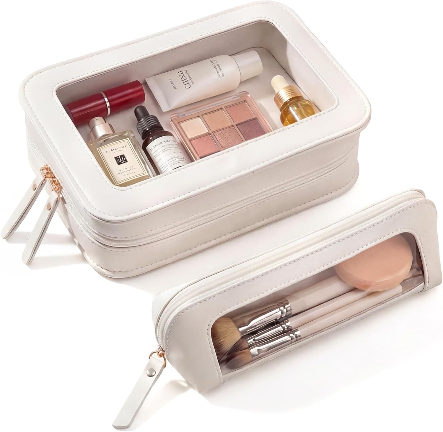 LETGO 2Pack Clear Makeup Bags Set,Portable Makeup Brush Bag,Portable Leather Travel Toiletry Bag Car Eessntials for Women (White)