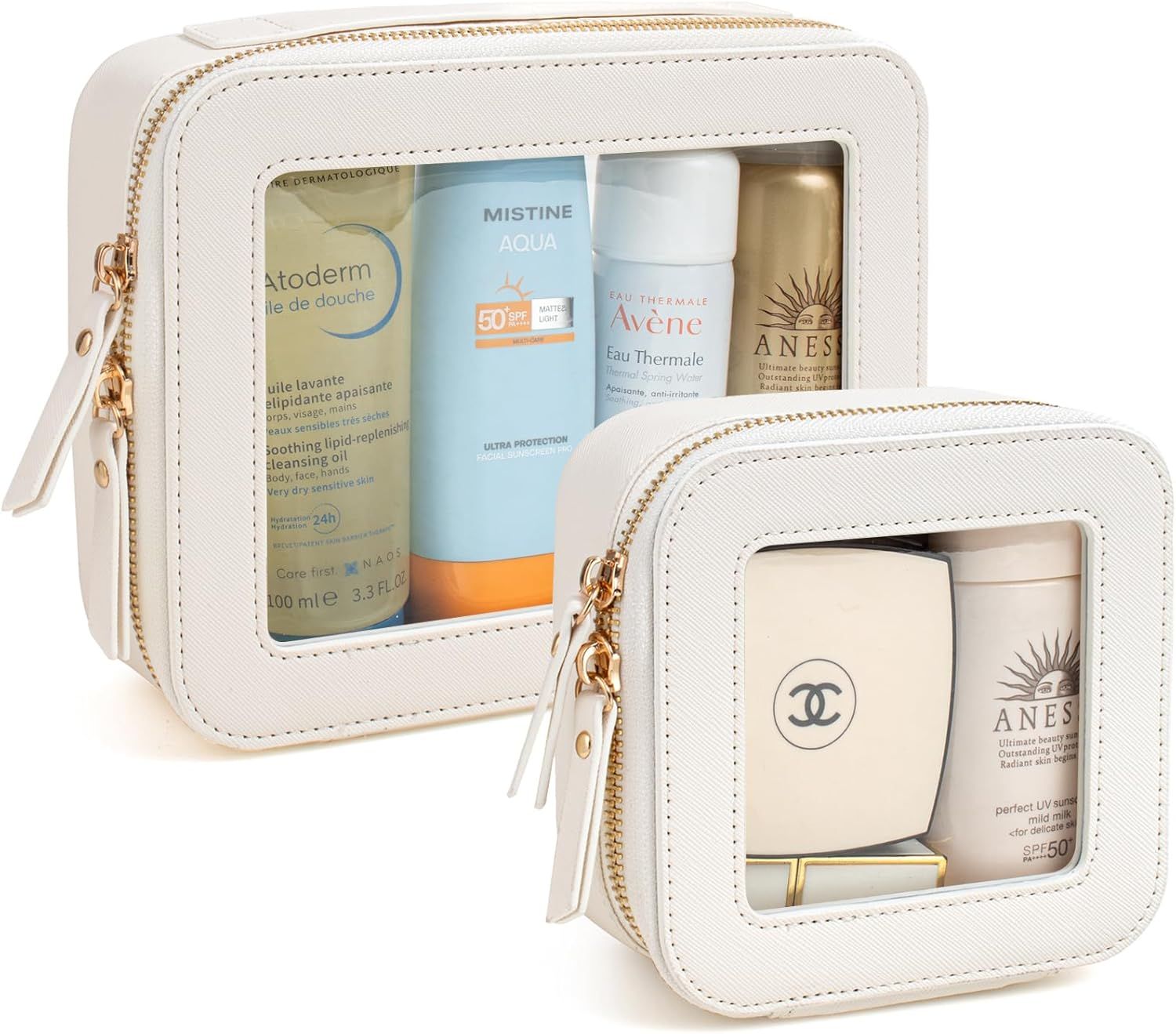 KOTORA Clear Makeup Bag Organizer Set,Portable Travel Toiletry Case for Women, Vegan Leather Cosmetic Pouch Car Bag for Essentials Car Accessories for Women Girls(White)