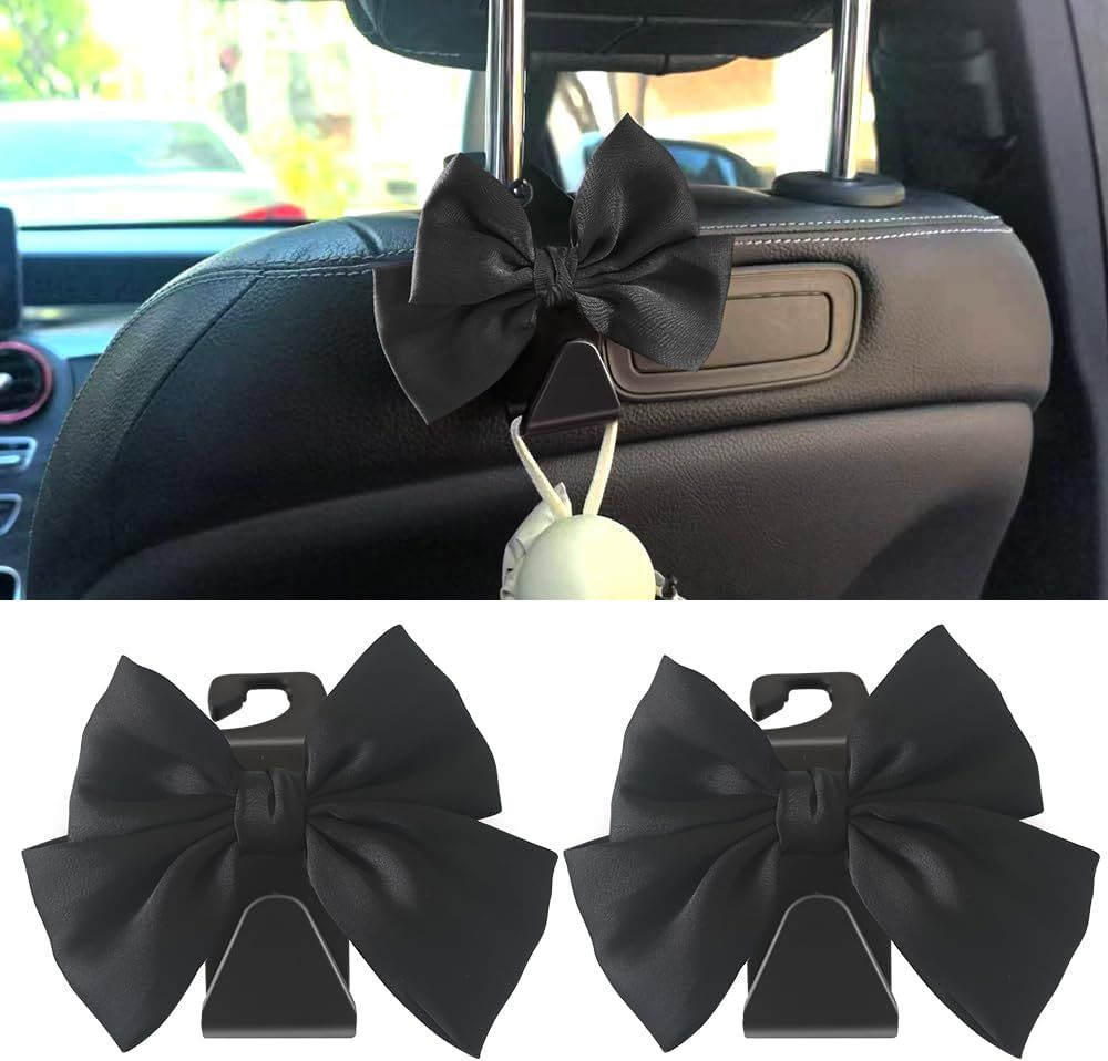 2 Pack Car Seat Headrest Hook, Auto Seat Hook Hangers Storage Organizer Interior Accessories for Handbag Clothes Coats Grocery Bags (Black silk)