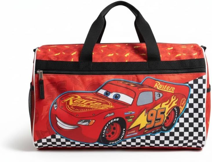 Disney Pixar Cars Kids’ Duffle Bag – Lightning McQueen Travel Gym Bag with Adjustable Strap, Mesh Side Pockets & Zipper Pocket