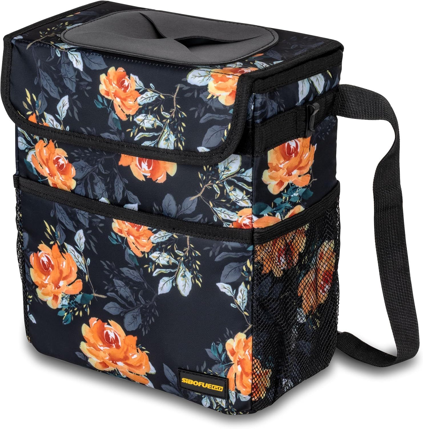 Cute Car Trash Can with Lid – Multipurpose Collapsible Trash Bin for Car, Leak-Proof Organizer, Waterproof Garbage Can with Storage Pockets & Adjustable Straps, 2 Gallons (Flower)