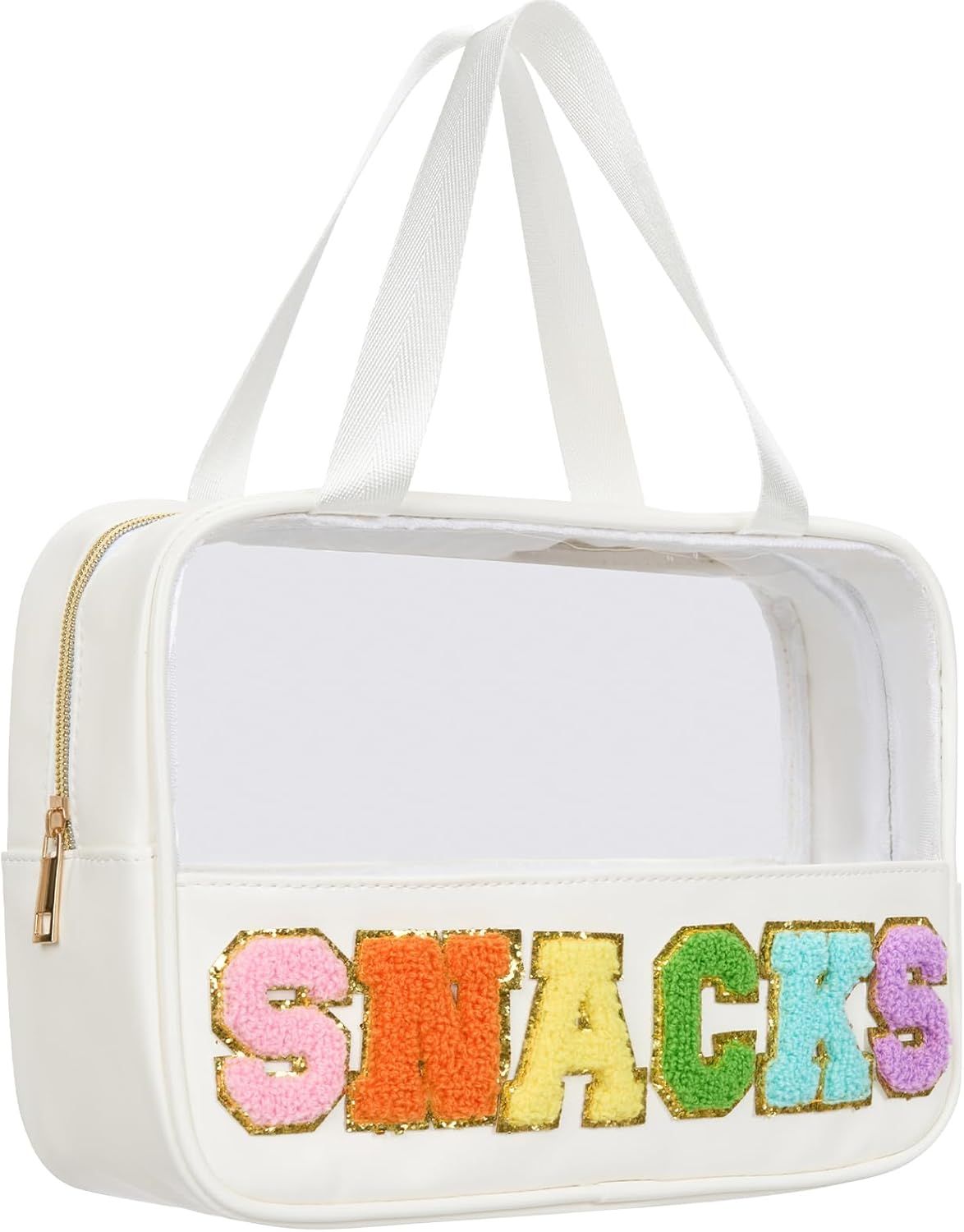 Snacks Bag Clear Chenille Varsity Letter Zipper Pouch Travel Makeup Bag Aesthetic Storage Organizer Pouches for Women with Glitter Patch Letters