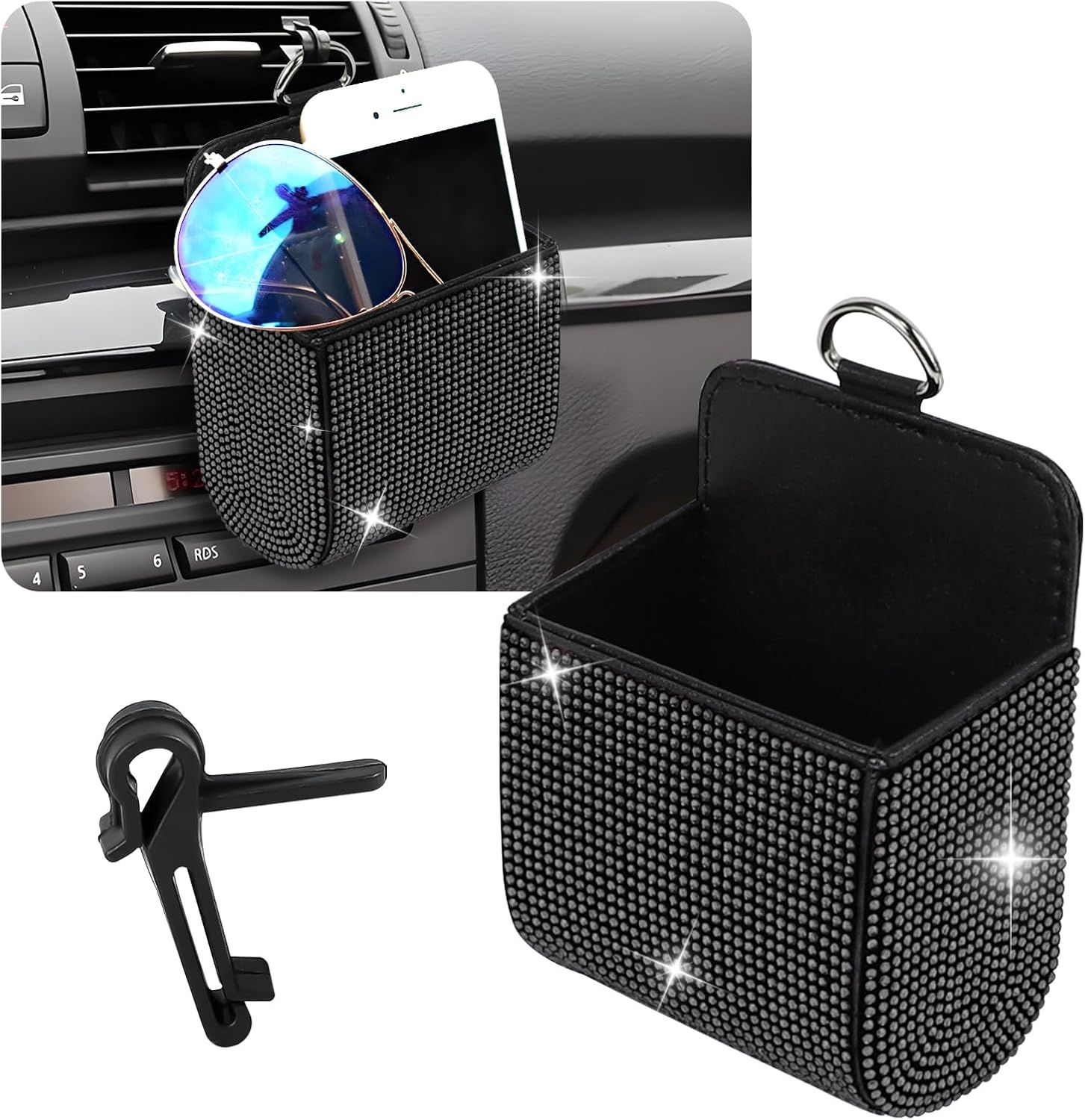 Car Vent Storage Organizer, Rhinestone Car Air Vent Leather Storage Pouch, Bling Automotive Hanging Bag Pocket Case, Universal Auto Mount Cell Phone Sunglasses Coin Holder (Black)