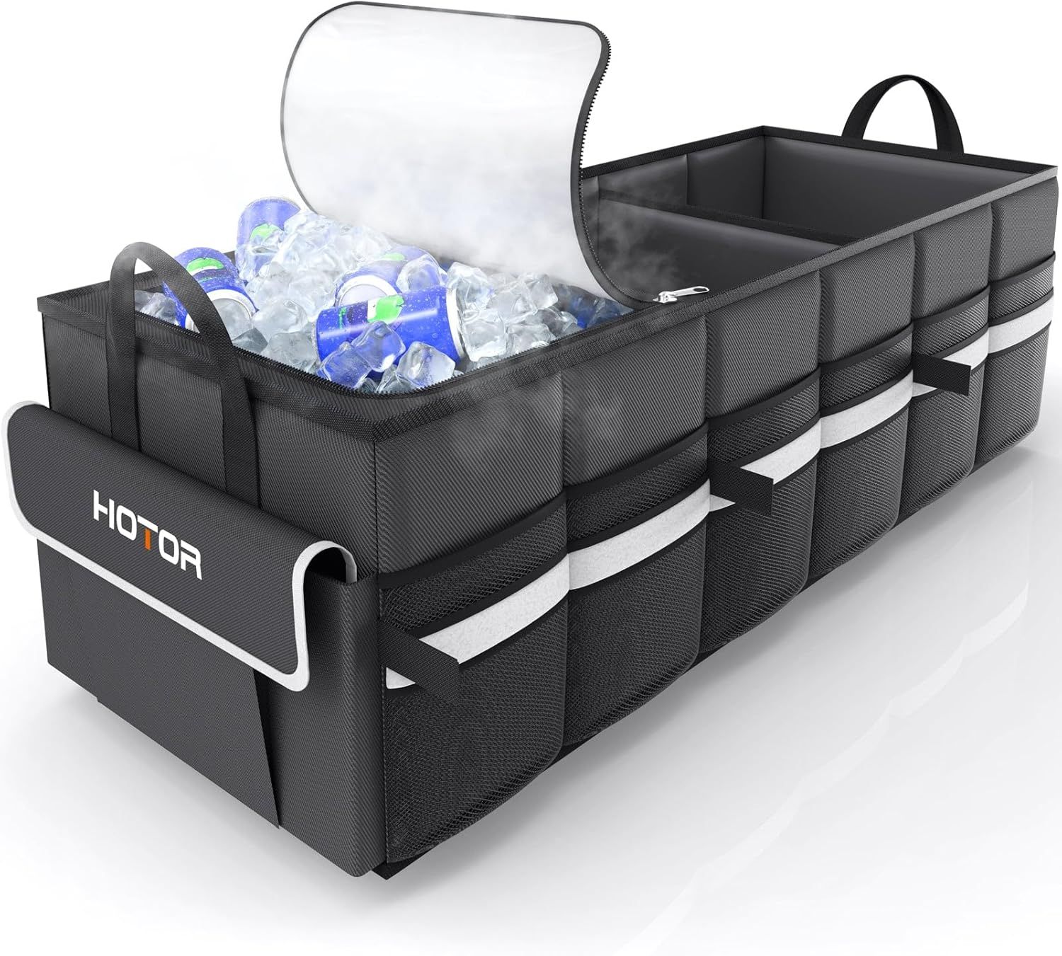 HOTOR Trunk Organizer - Car Organizer with Built-In Leakproof Car Cooler, Collapsible Trunk Organizer with Cooler for Car, SUV, Sedan, with Base Panel (3 Compartments, Black),31.9"×12.6"×10.6"