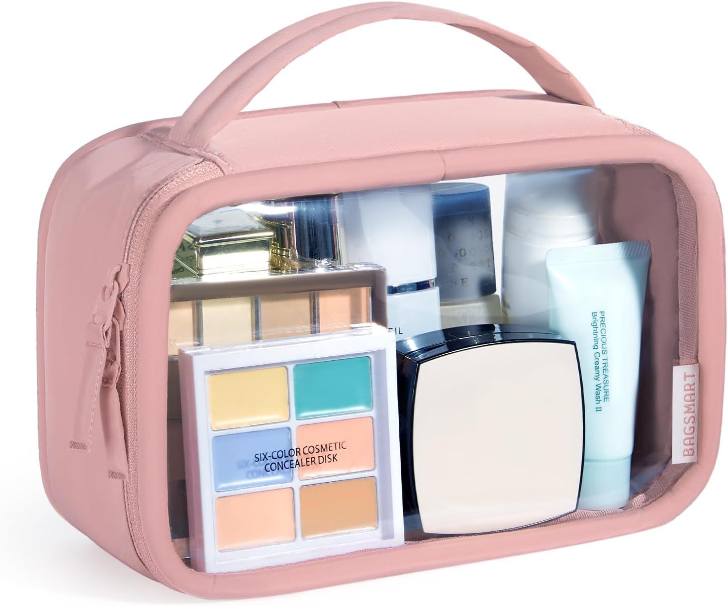 BAGSMART Clear Makeup Bag - TSA Approved Toiletry Bag with Handle Large Opening, Water-Resistant Durable PVC Clear Toiletry Bags for Traveling Travel Essentials (Pink)