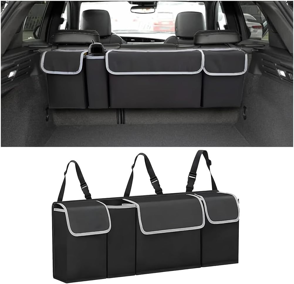 AUCELI Car Trunk Organizer, Backseat Hanging Large Storage with Adjustable Straps, Waterproof Collapsible Cargo Bag with 4 Pockets, Sturdy Space Saver Frees Trunk Floor for SUV, Truck, MPV