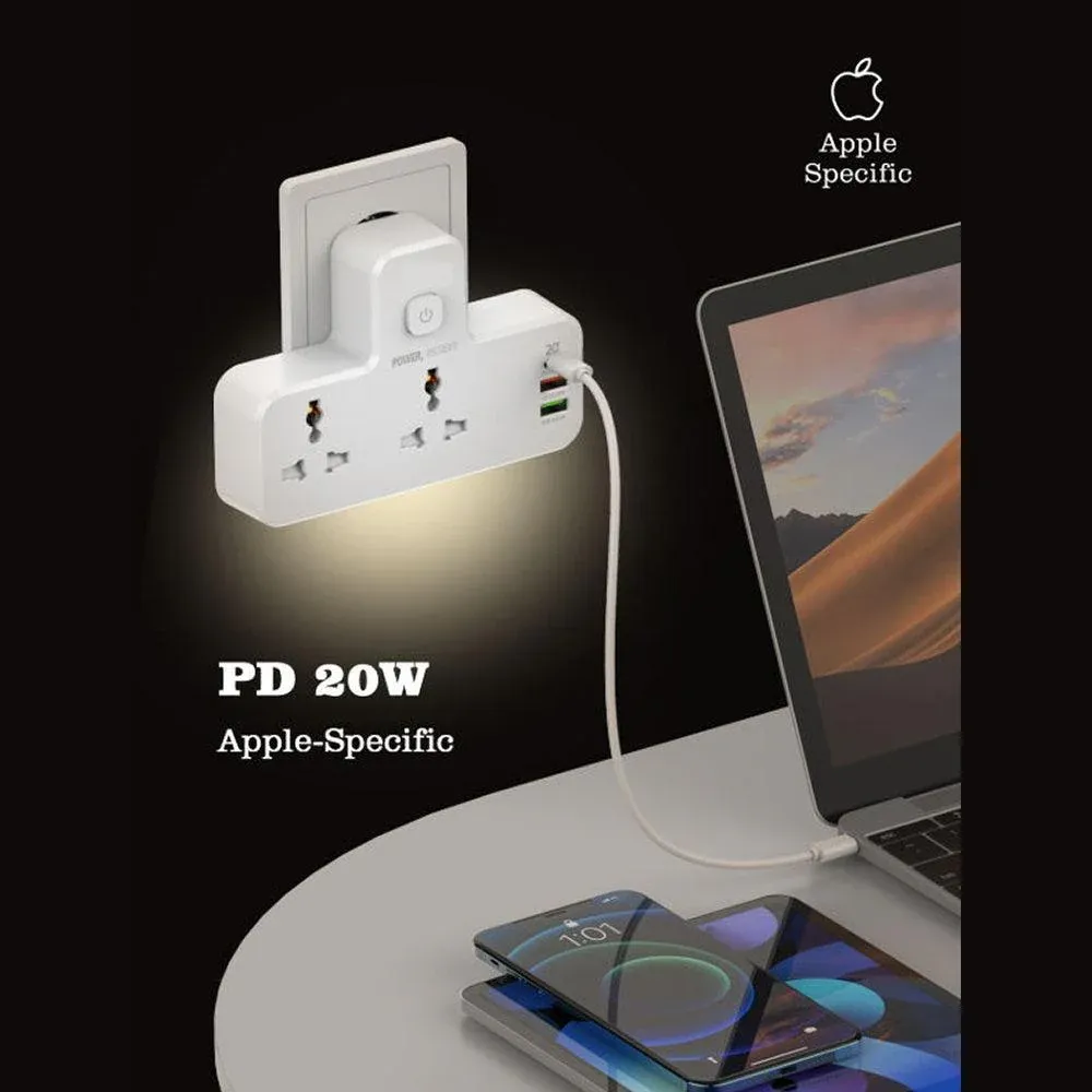 Power Socket 2 Port Universal 2500W, 1PD 20W, 2USB 18W-12W, Night Lamp