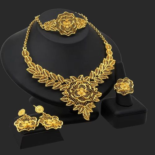 Conjunto de joias banhadas a ouro 24k com afirmação de moda, colar, pulseira, brincos, anel, joias femininas