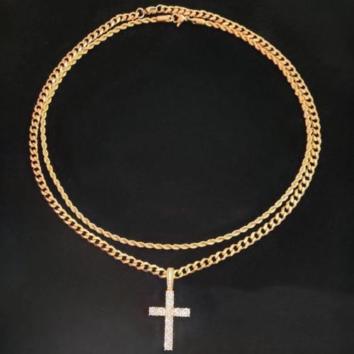 Europe and the United States Gold Color Chain Double Cross Pendant Necklace Ladies Classic Fashion Party Jewelry Accessories