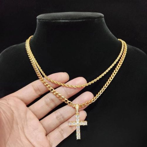 Europe and the United States Gold Color Chain Double Cross Pendant Necklace Ladies Classic Fashion Party Jewelry Accessories