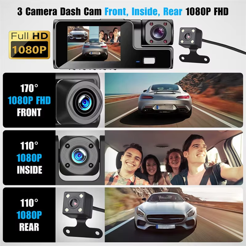 Night vision HD triple recording dashcam