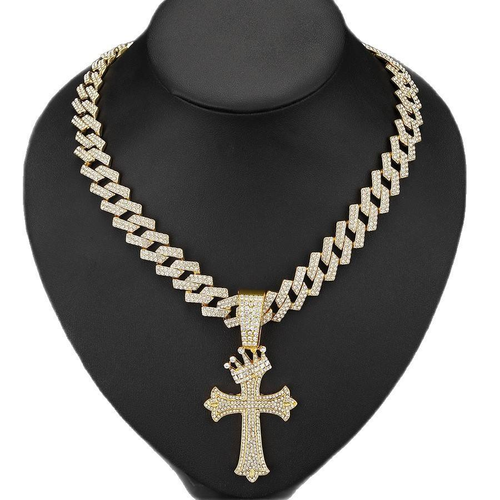 Diamond-encrusted crown cross pendant necklace