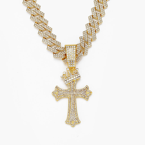 Diamond-encrusted crown cross pendant necklace