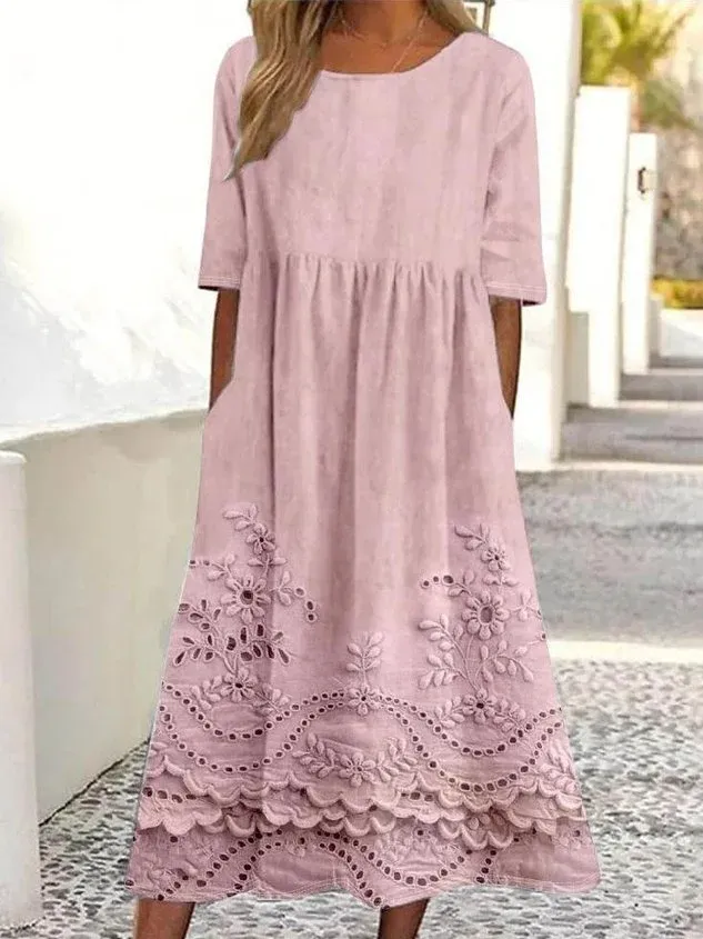 Sukienka bawełniano-lniana 2026 z okrągłym dekoltem