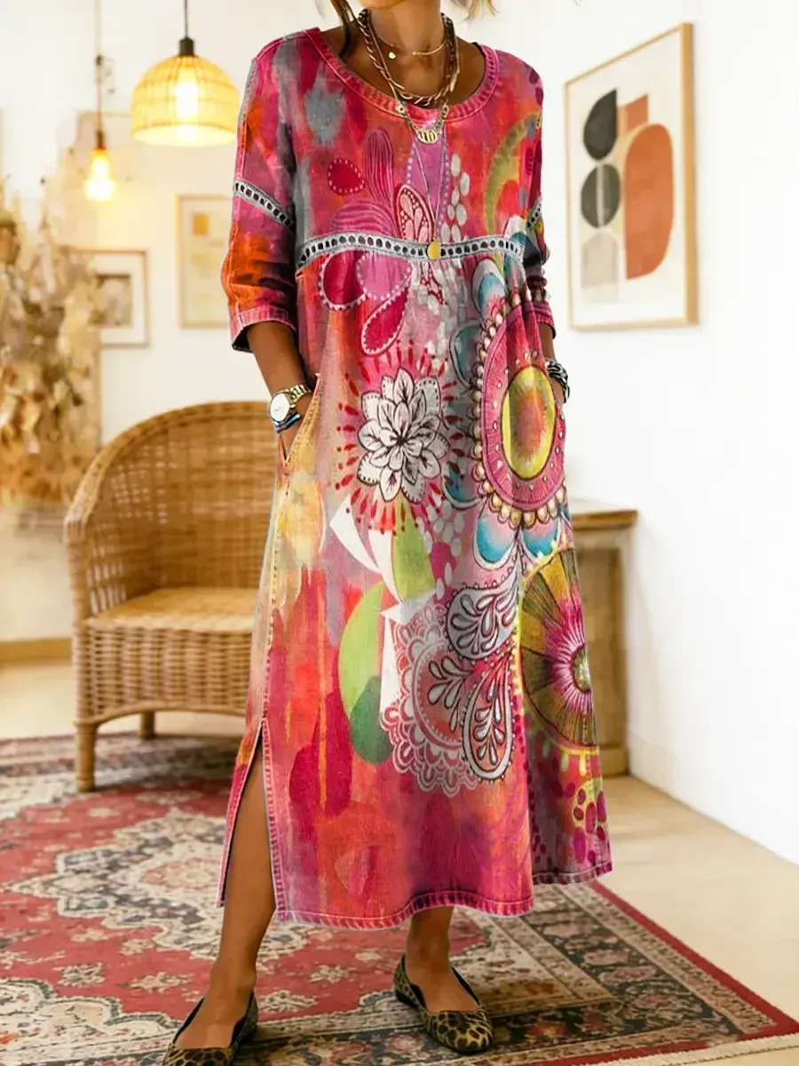 Sukienka bawełniano-lniana 2026 z okrągłym dekoltem