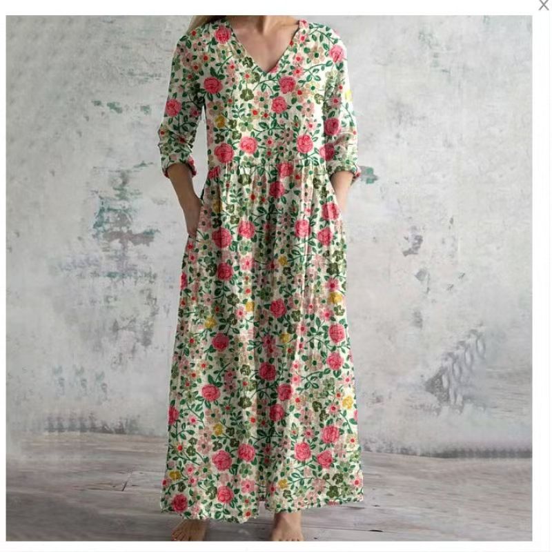 Lniana sukienka damska z bawełną, dekolt V, z kieszeniami