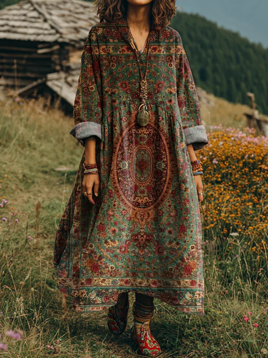 Damskie vintage bawełniane sukienki z nadrukiem