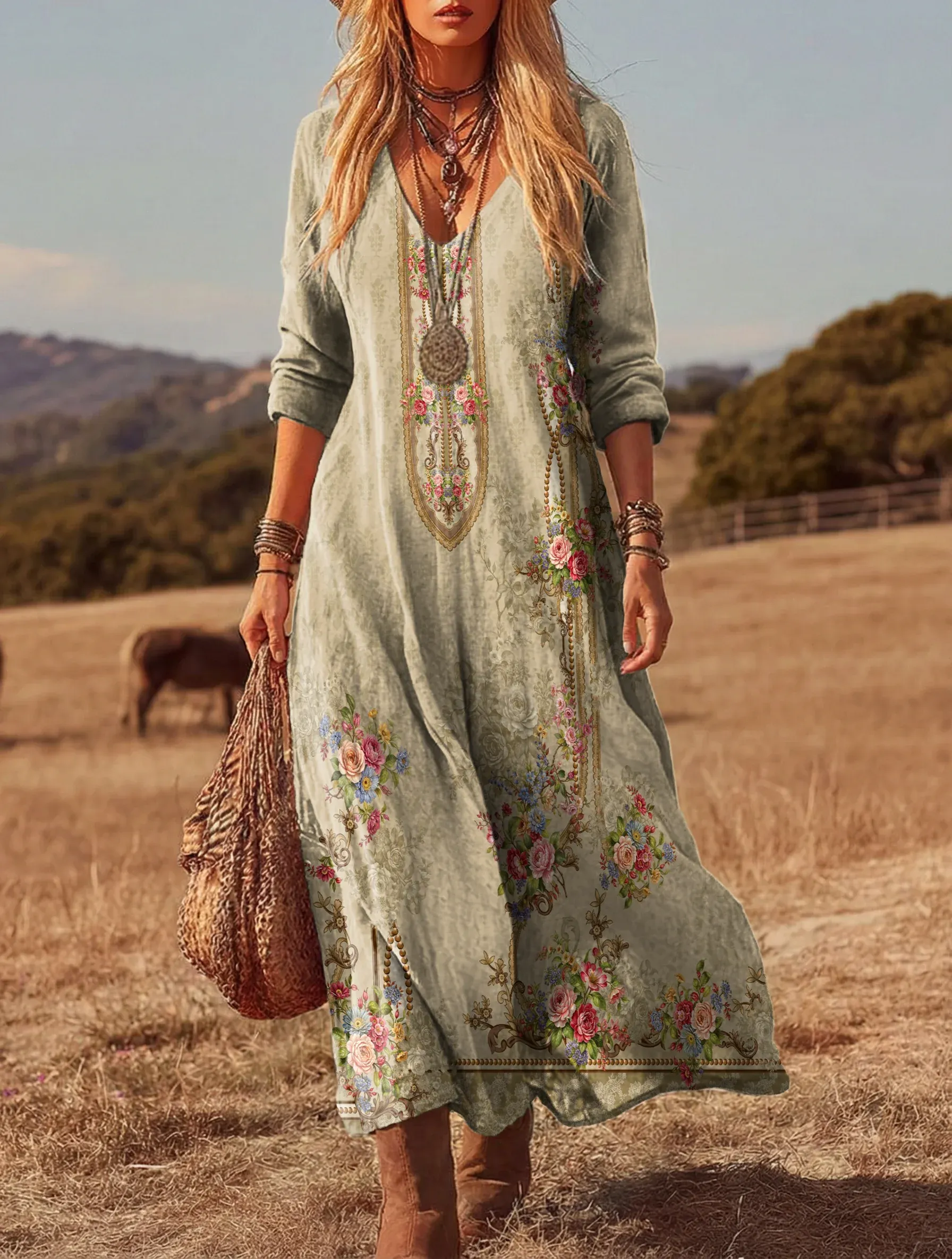 Damskie vintage bawełniane sukienki z nadrukiem