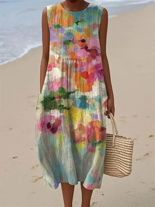 Sukienka bawełniano-lniana 2026 z okrągłym dekoltem