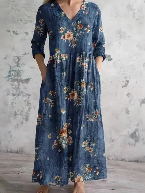 Damskie vintage bawełniane sukienki z nadrukiem