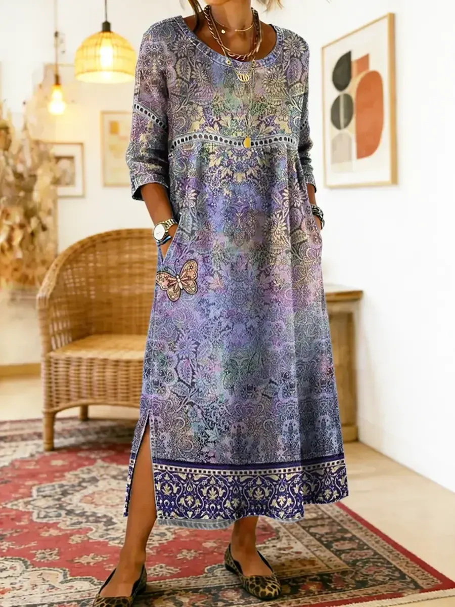 Sukienka bawełniano-lniana 2026 z okrągłym dekoltem