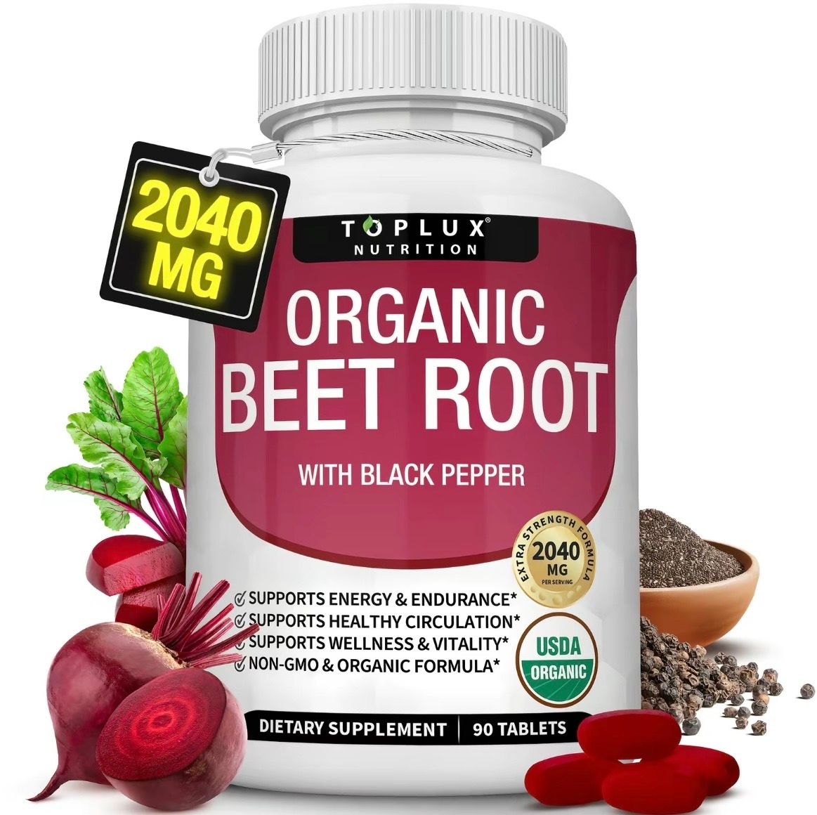 Toplux Organic Beet Root Tablets 2040mg Nitric Oxide Booster