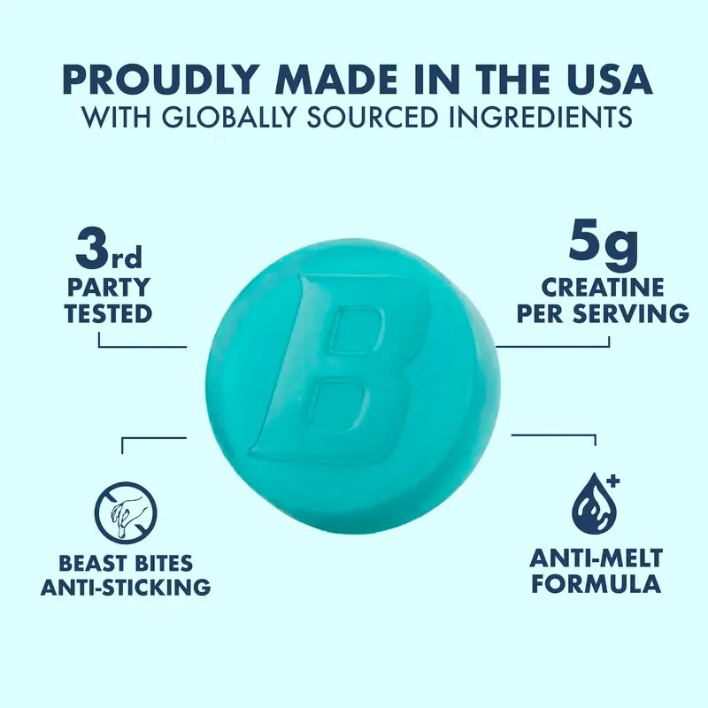 Beast Bites Creatine Infused Gummies 5g Per Serving, Sweet Blue Raspberry 75 Gummies