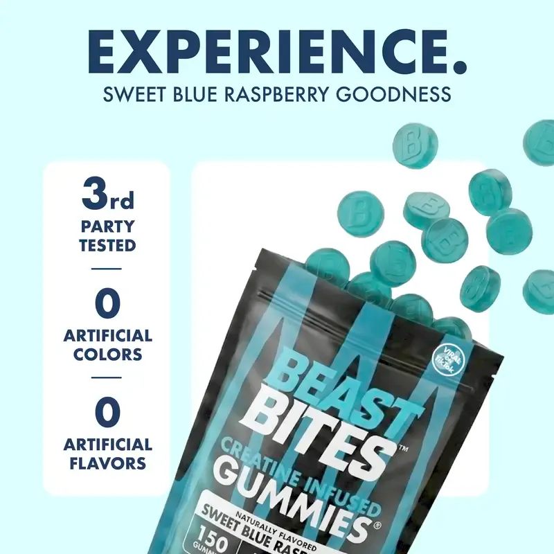 Beast Bites Creatine Infused Gummies 5g Per Serving, Sweet Blue Raspberry 75 Gummies