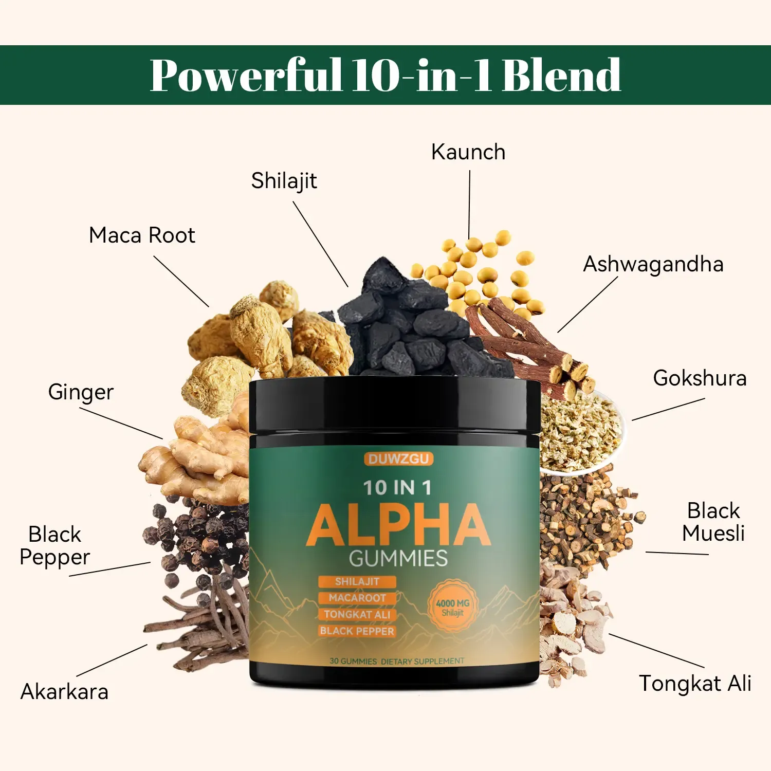 Alpha 10-in-1 Shilajit Gummies, Maca & Tongkat Ali Blend, Boost Men Energy, Stamina & Male Performance, Support Vitality, Sugar Free 30 Gummies