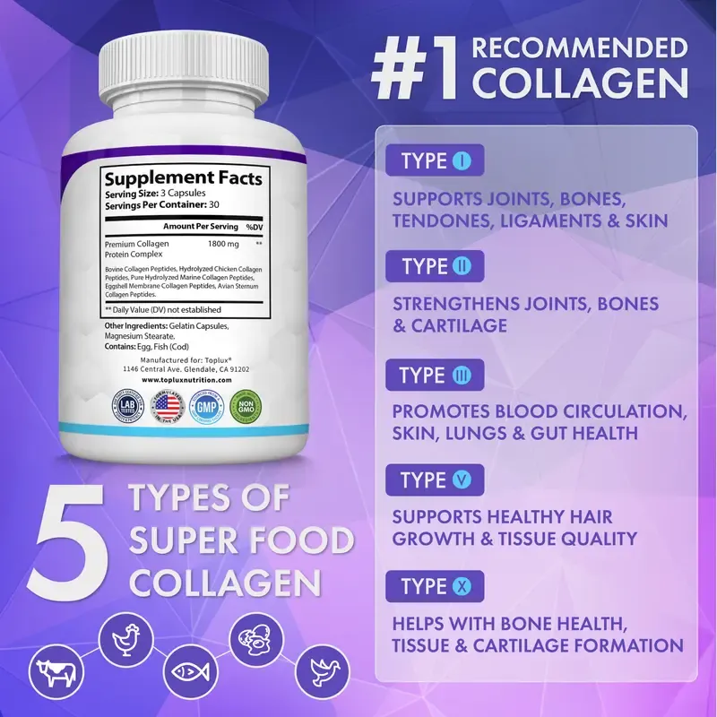 5 Types Collagen Peptides Complex 1800mg Capsules for Skin Elasticity & Joint