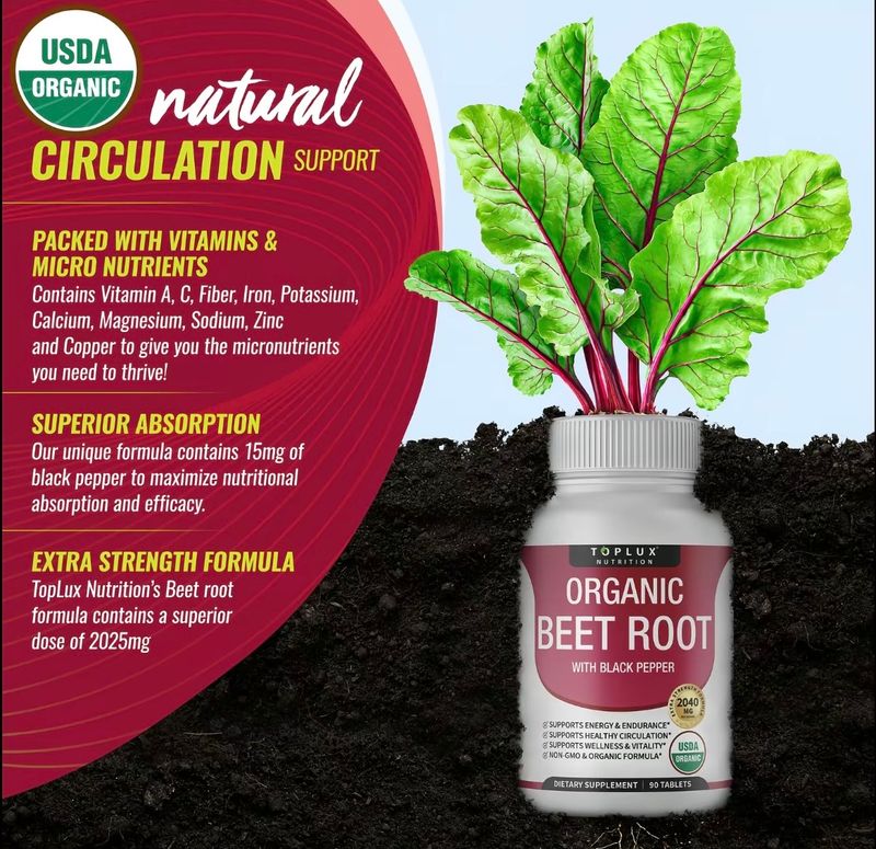 Toplux Organic Beet Root Tablets 2040mg Nitric Oxide Booster