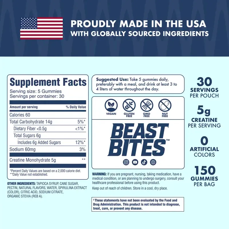 Beast Bites Creatine Infused Gummies 5g Per Serving, Sweet Blue Raspberry 75 Gummies