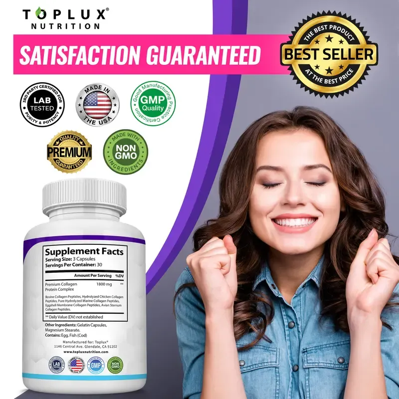 5 Types Collagen Peptides Complex 1800mg Capsules for Skin Elasticity & Joint