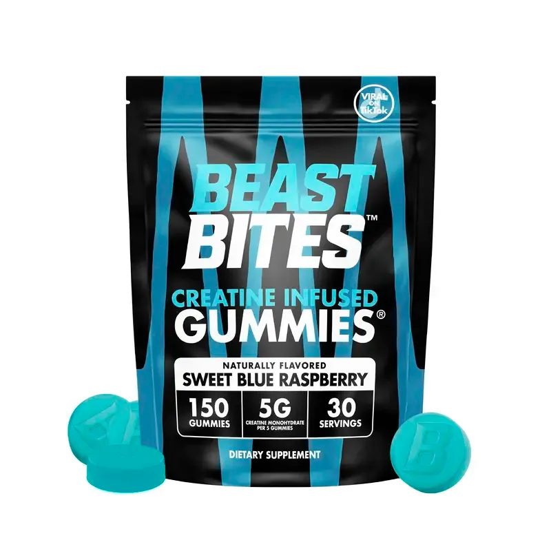 Beast Bites Creatine Infused Gummies 5g Per Serving, Sweet Blue Raspberry 75 Gummies