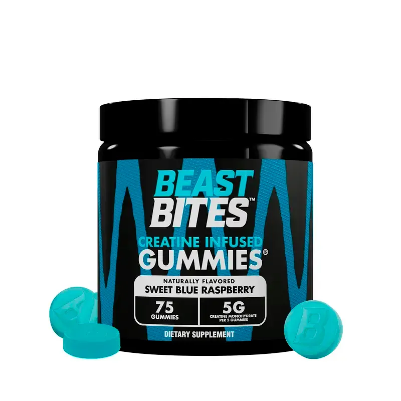 Beast Bites Creatine Infused Gummies 5g Per Serving, Sweet Blue Raspberry 75 Gummies