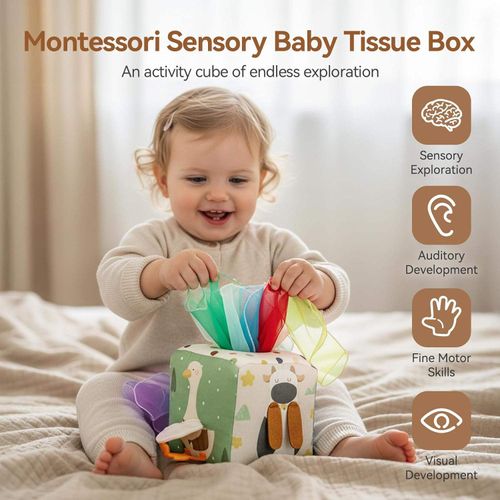 Keep Your Baby Busy & Smart! 🧠 Sensory Tissue Box Toy with Crinkle Silks & Safety Mirror - Perfect Early Learning Gift