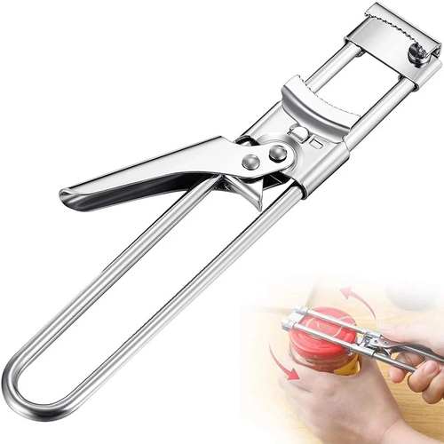 This adjustable, multi functional bottle cap opener, made of stainless steel, makes it easy to open can lids with a labor-saving screw-type r.
