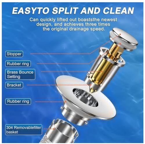 Stainless Steel Modern Anti-Odor Bathroom Sink Stopper with Bouncing Core & Brass Pop-Up Drain Plug for Bathtub Home Goods, universal bathtub drain stopper, bathroom sink strainer High Pressure Shower Handheld Shower Head