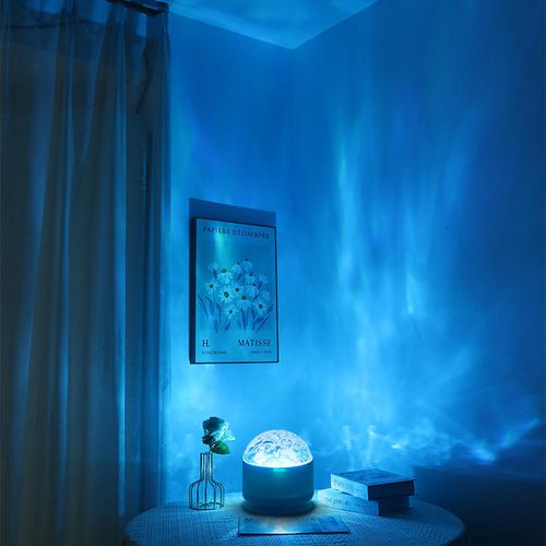 USB LED headboard with water ripple pattern, romantic bedroom atmosphere, stage effect, rotating aurora print, remote control.