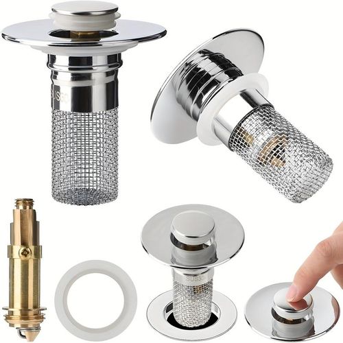 (2pcs 1set）Universal pop-up sink drain filter with hair collector and stainless steel filter basket and brass drain plug.