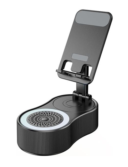 High-definition Bluetooth speaker, 5-in-1 multi-functional phone stand, emergency charging, colored lights, matte black appearance.