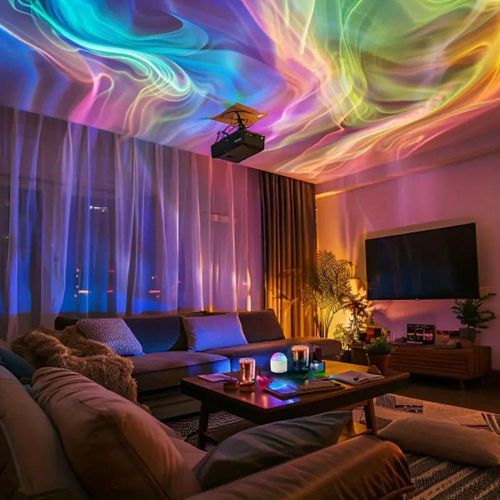 USB LED headboard with water ripple pattern, romantic bedroom atmosphere, stage effect, rotating aurora print, remote control.